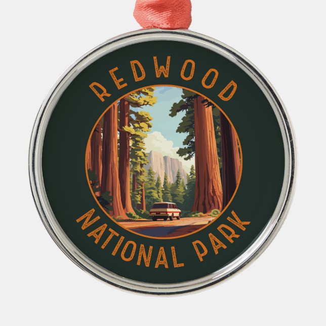 Redwood National Park Retro Distressed Circle Metal Tree Decoration (Front)