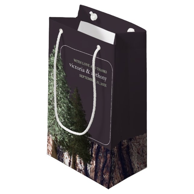 Redwoods & Bark, Rustic Wedding Favour Small Gift Bag (Front Angled)