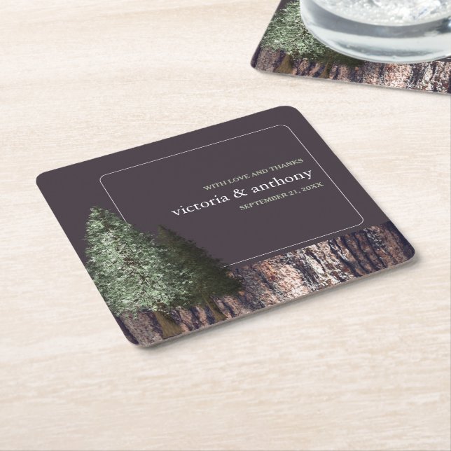 Redwoods & Bark, Rustic Wedding Square Paper Coaster (Angled)