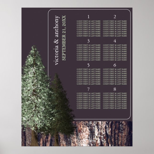 Redwoods & Bark, Rustic Wedding Table Plan Poster (Front)