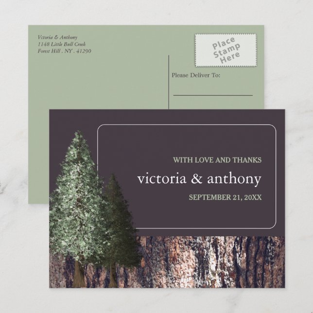 Redwoods & Bark, Rustic Wedding Thank You Postcard (Front/Back)