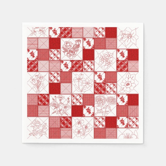 Redwork Stitched Flowers Quilt-Paper Napkins (Front)