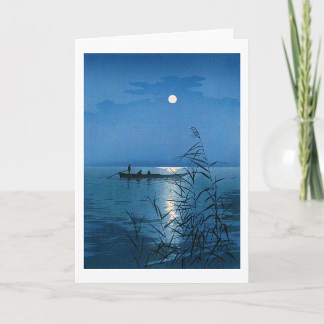 Reed Lake and Full Moon, Koho Shoda, Woodcut Card (Front)