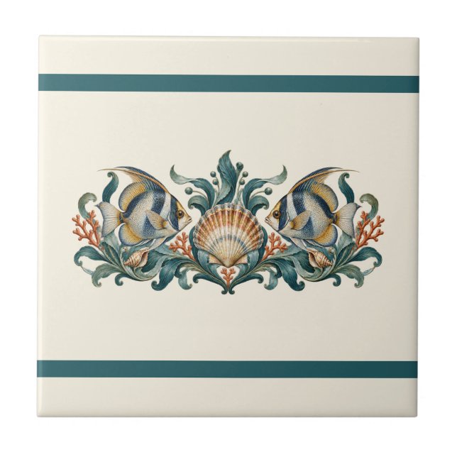 Reef Fish and Shells Custom Colour Frieze Tile (Reef fish and shells in the original ivory and petrol palette. Personalize the background and the two independent bands in the design editor.)