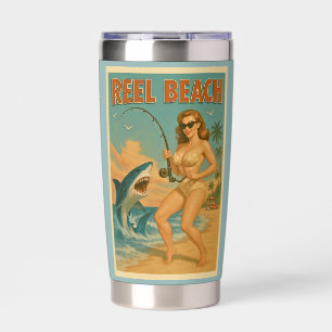 Reel Beach Shark Fishing Pin-Up Retro Coastal Art Insulated Tumbler