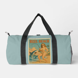 Reel Beach Shark Fishing Pin-Up Retro Coastal Blue Duffle Bag