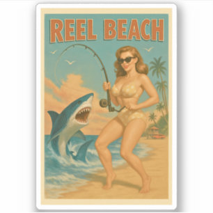 Reel Beach Shark Fishing Pin-Up Retro Coastal Life