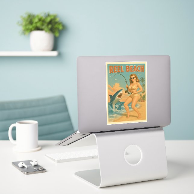 Reel Beach Shark Fishing Pin-Up Retro Coastal Life (Laptop On Desk)