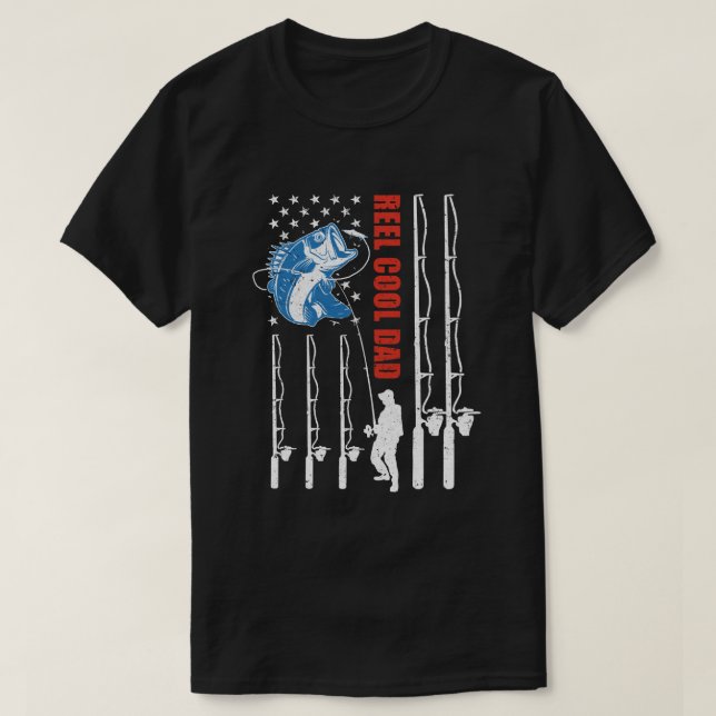 Reel Cool Dad American Flag Fish Fishing Fathers D T-Shirt (Design Front)