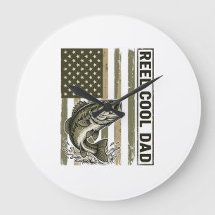 Reel Cool Dad Bass Fishing Flag Vector Design_1 Large Clock