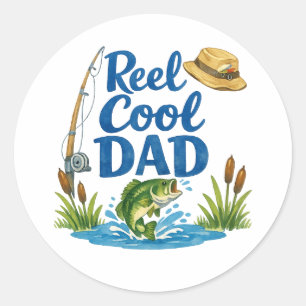 Reel Cool Dad Funny Fishing Pun Watercolor Art Classic Round Sticker