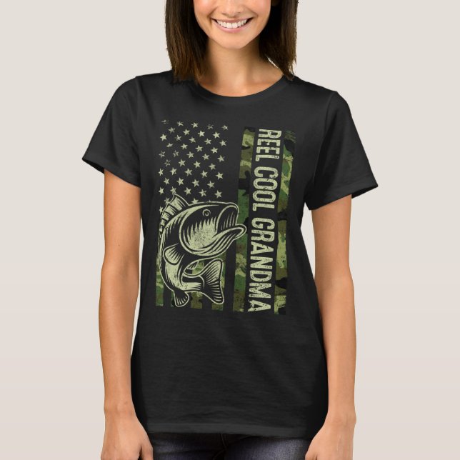 Reel Cool Grandma Camouflage American Flag Fishing T-Shirt (Front)