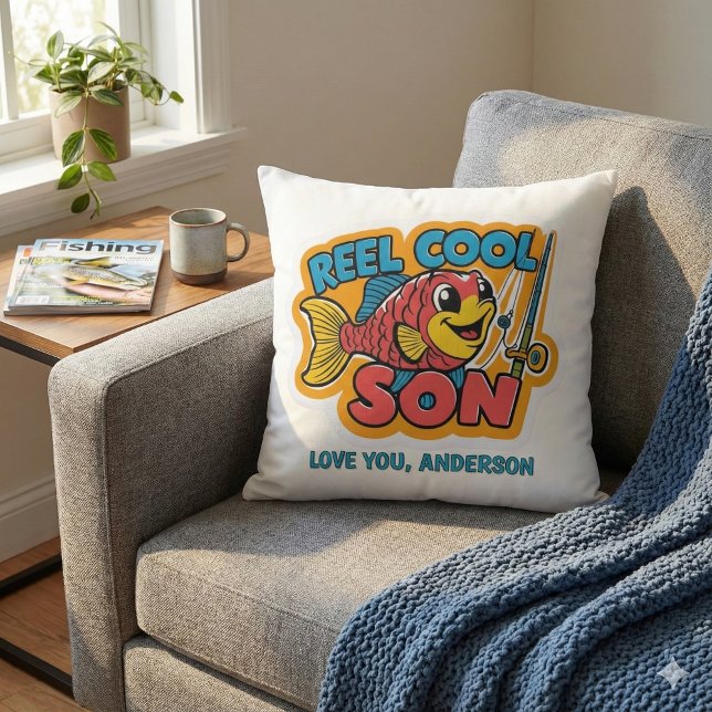 Reel Cool Son Throw Pillow (Let your son know how cool he is with this cute, "Reel Cool Son" personalized fishing pillow! )