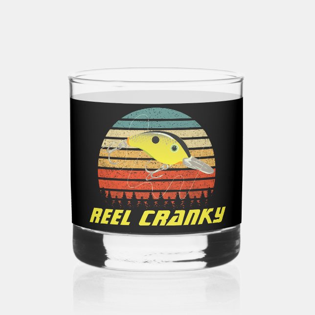 Reel Cranky Funny Bass Fishing Crankbait Retro Whiskey Glass (Front)