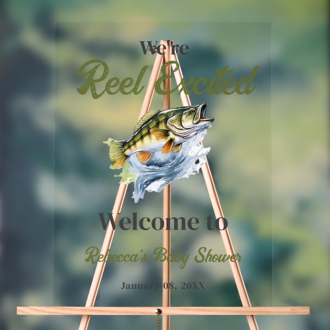 Reel Excited Fish Fisherman Baby Shower Welcome Acrylic Sign (Neutral)
