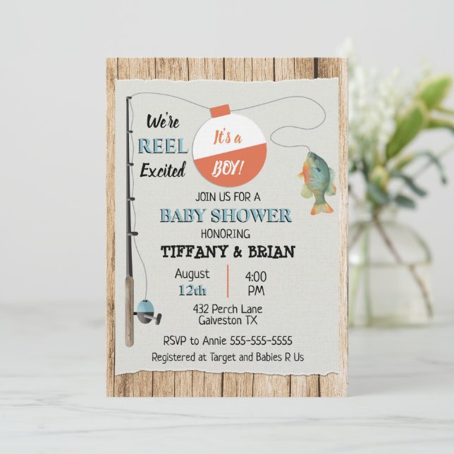 Reel Excited Fishing Boy Baby Shower Invitation (Standing Front)