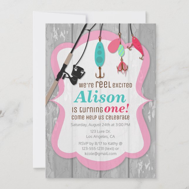 Reel Excited Pink Girl Fishing Birthday Invitation (Front)