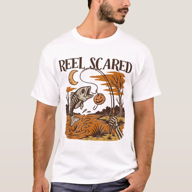 Reel Halloween Scared Fishing Skeleton Fisherman T-Shirt (Front)