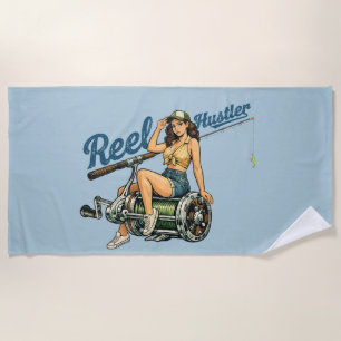 Reel Hustler Retro Fishing Pin-Up Blue Funny Fish Beach Towel