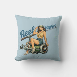 Reel Hustler Retro Fishing Pin-Up Blue Funny Fish Cushion