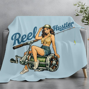 Reel Hustler Retro Fishing Pin-Up Blue Funny Fish Fleece Blanket