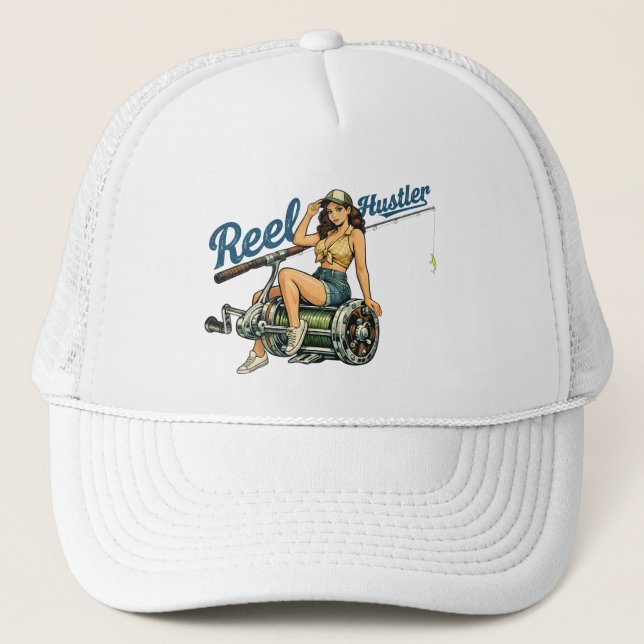 Reel Hustler Retro Fishing Pin-Up | Funny Fish Trucker Hat (Front)