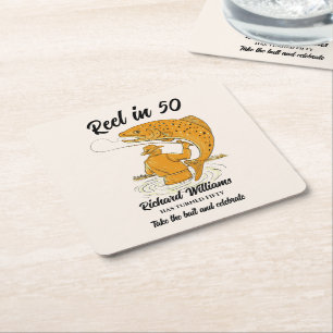 Reel in 50 Fishing Vintage Men's 50th Birthday Square Paper Coaster