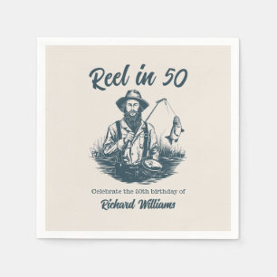Reel in 50 Vintage Fisherman at Lake 50th Birthday Napkin