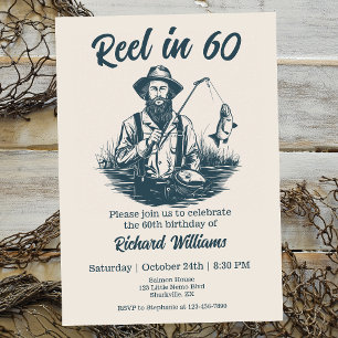 Reel in 60 Vintage Fisherman at Lake 60th Birthday Invitation