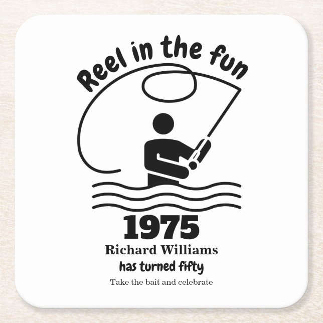 Reel in the Fun Modern Fisherman 50th Birthday Square Paper Coaster (Front)