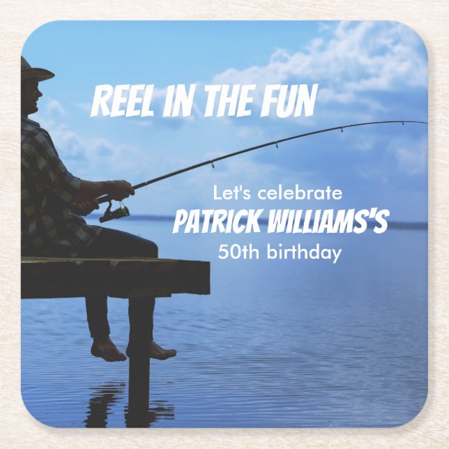 Reel in the Fun Sunset Fisherman 50th Birthday Square Paper Coaster (Front)
