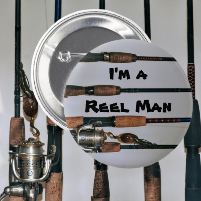 Reel Man Fishing Rods and Reel Photographic 6 Cm Round Badge (Creator Uploaded)