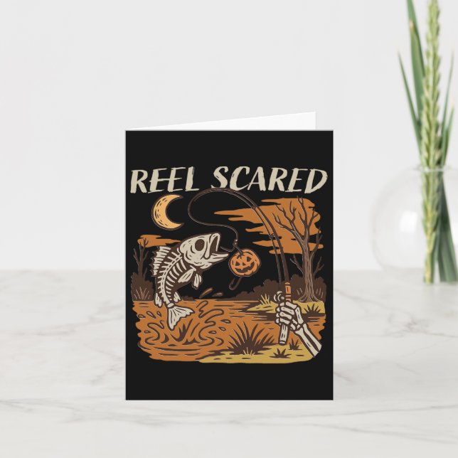 Reel Scared Halloween Fishing Funny Skeleton Fishe Card (Front)