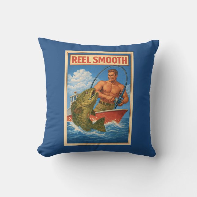 Reel Smooth Fisherman Retro Nautical Blue Fishing Cushion (Front)