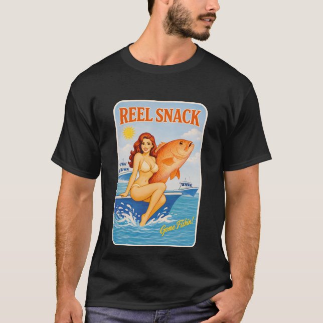 Reel Snack Funny Retro Pinup Snapper Fishing Boat T-Shirt (Front)