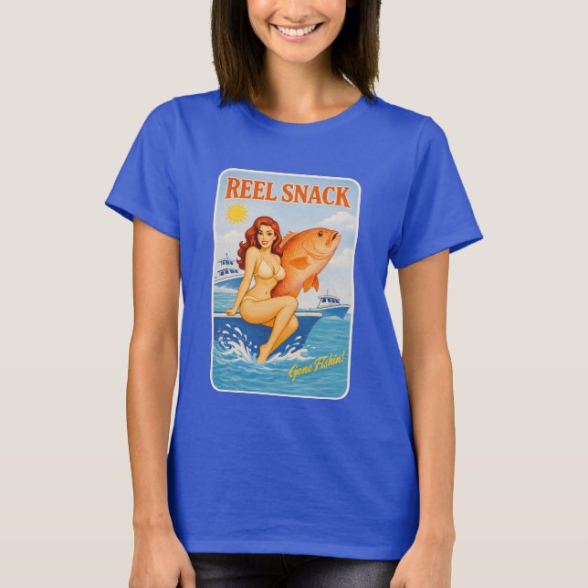 Reel Snack Retro Pin-Up Red Snapper Fishing Boater T-Shirt (Front)