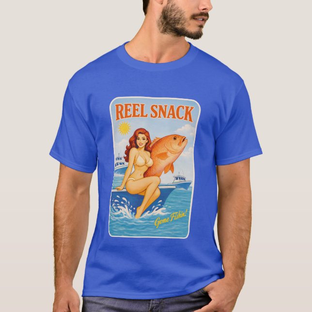 Reel Snack Retro Pin-Up Red Snapper Fishing Boater T-Shirt (Front)