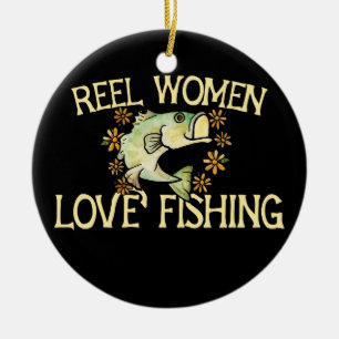 Reel women love fishing funny angler woman design ceramic tree decoration