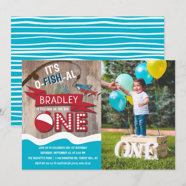 Reeling In The Big One Fishing 1st Birthday Photo Invitation (Front/Back)
