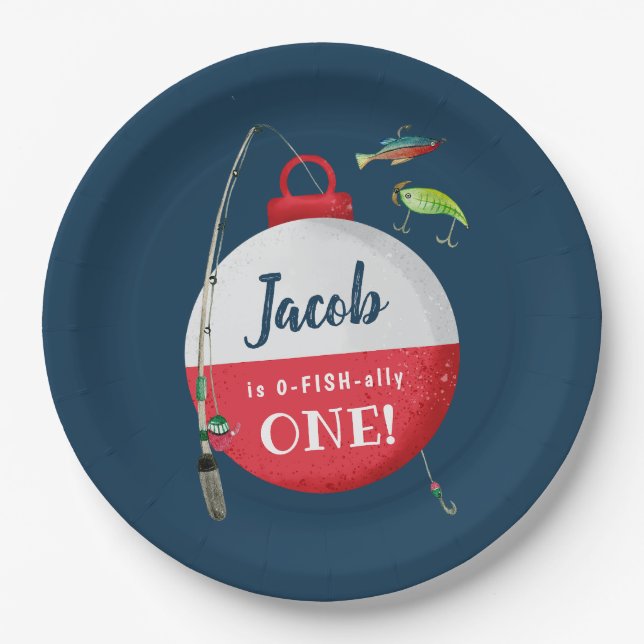 Reeling in the big ONE Fishing Birthday  Paper Plate (Front)