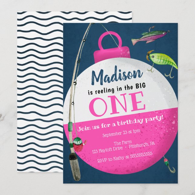 Reeling in the big ONE Fishing First Birthday Girl Invitation (Front/Back)