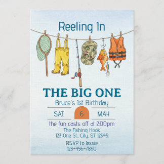 Reeling The Big One, Fishing Line 1st Birthday Invitation