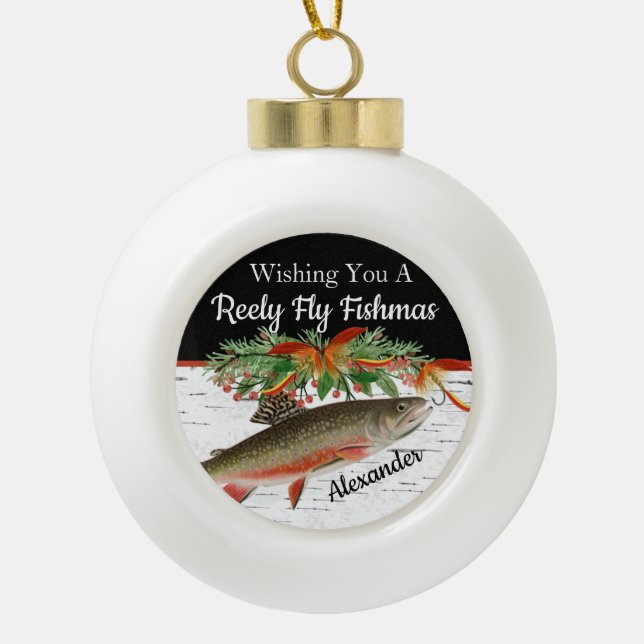  Reely Fly Fishmas  Fishing Christmas heart Orname Ceramic Ball Christmas Ornament (Front)