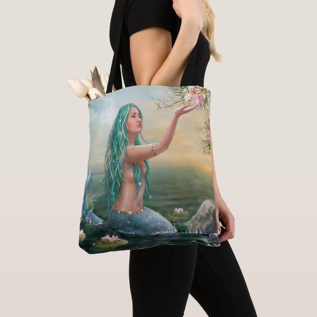 reen haired mermaid tote bag (Close Up)