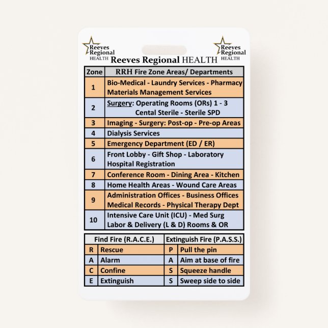 Reeves Regional Health Fire Zones ID Badge (Front)