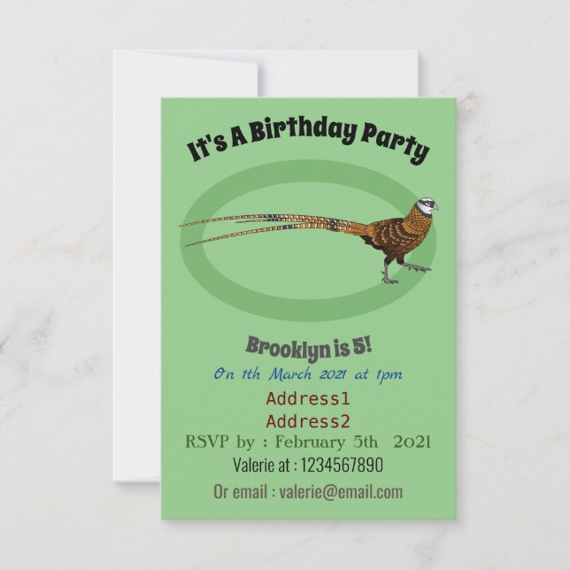 Reeves's pheasant bird cartoon illustration invitation (Front)