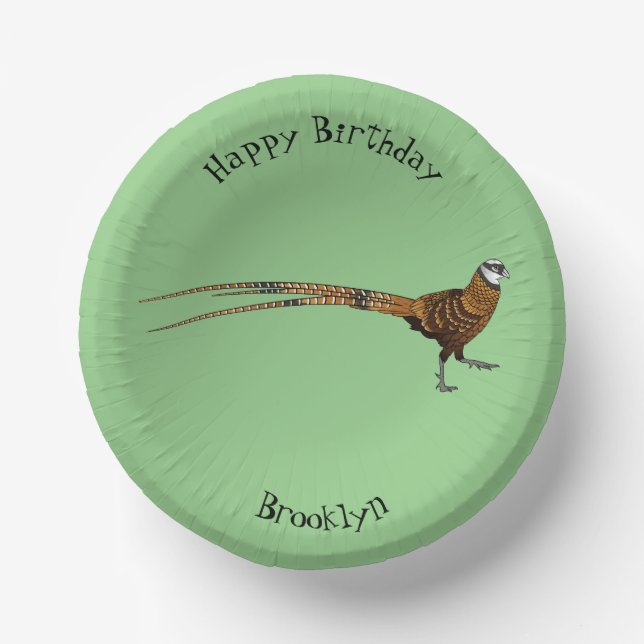 Reeves's pheasant bird cartoon illustration  paper plate (Front)