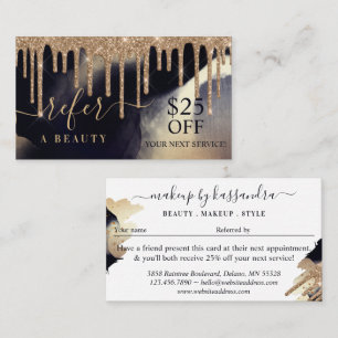 Refer A Beauty Navy Ink Gold Glitter Drip Refferal Business Card