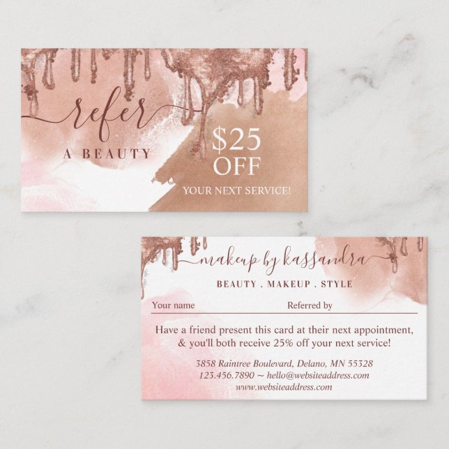 Refer A Beauty Pink Gold Glitter Drips Referral Business Card (Front/Back)