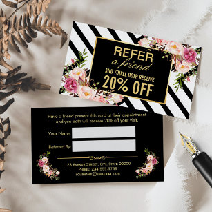 Refer a Friend   Beautiful Pink Floral Stripes Referral Card
